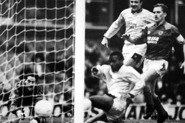 Rod Wallace scores at Villa Park as Leeds United won 4-1 in November 1991.