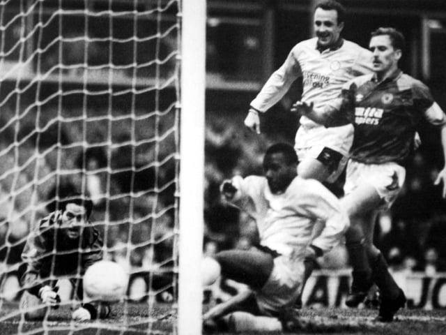 Rod Wallace scores at Villa Park as Leeds United won 4-1 in November 1991.