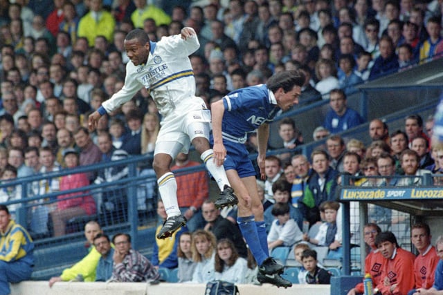 Rod Wallace gets the better of Everton's Gary Ablett during the clash at Elland Road in April 1994. The Whites won 2-0.