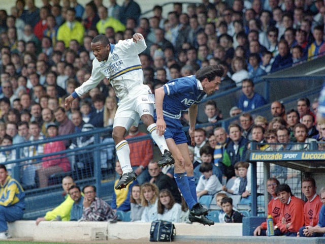 Rod Wallace gets the better of Everton's Gary Ablett during the clash at Elland Road in April 1994. The Whites won 2-0.
