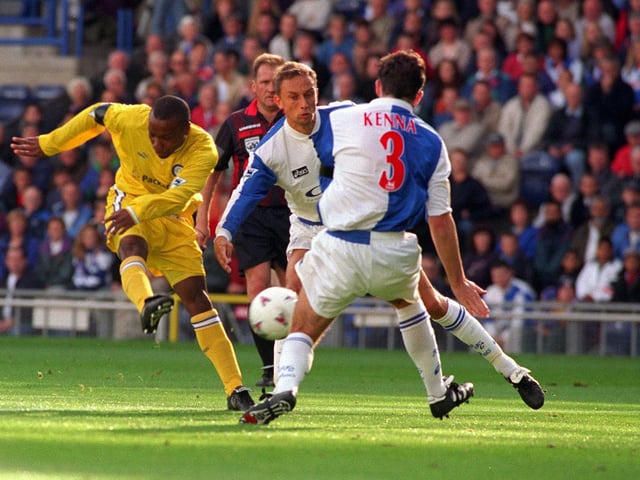 Rod Wallace in action against Blackburn Rovers at Ewood Park in September 1997. His brace helped the Whites to a 4-3 win.