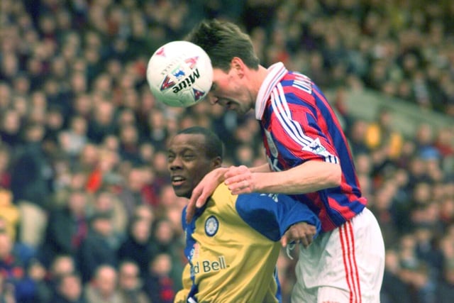 Rod Wallace challenges for the ball with former Whites defender Andy Linighan at Selhurst Park. 'Hot Rod' scored as the Whites won 2-0 against a Crystal Palace team which also featured Tomas Brolin.