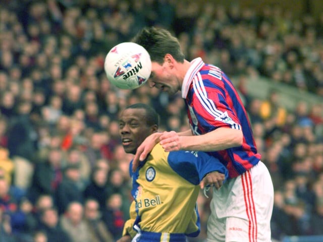 Rod Wallace challenges for the ball with former Whites defender Andy Linighan at Selhurst Park. 'Hot Rod' scored as the Whites won 2-0 against a Crystal Palace team which also featured Tomas Brolin.
