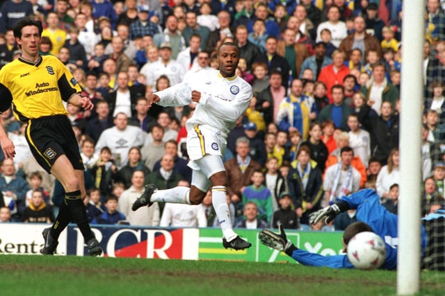 Rod Wallace puts Leeds ahead against Birmingham City during the FA Cup fifth round clash at Elland Road in February 1998. The Whites won 3-2.