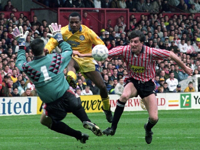 Rod Wallace scores against Sheffield United at Bramall Lane as the Whites won 3-2, a victory which went a long way to secure the First Division title.