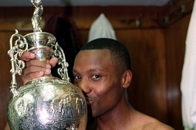Rod Wallace pictured with the First Division trophy in the Elland Road dressing room after his goal proved the difference against Norwich City in the final game of the 1991/92 season.
