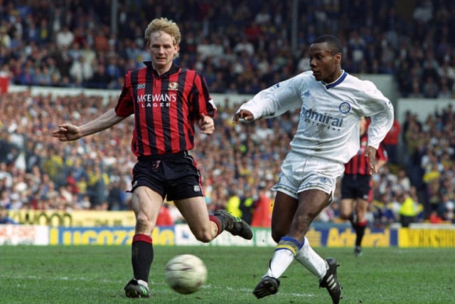 Rod Wallace fires home against Blackburn Rovers at Elland Road in April 1993. The Whites won 5-2 with Gordon Strachan bagging a hat-trick.