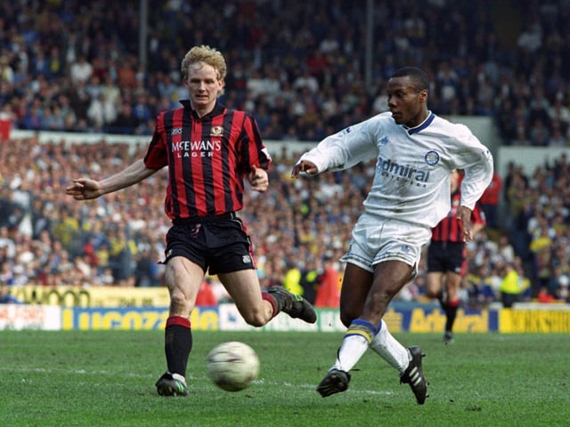 Rod Wallace fires home against Blackburn Rovers at Elland Road in April 1993. The Whites won 5-2 with Gordon Strachan bagging a hat-trick.