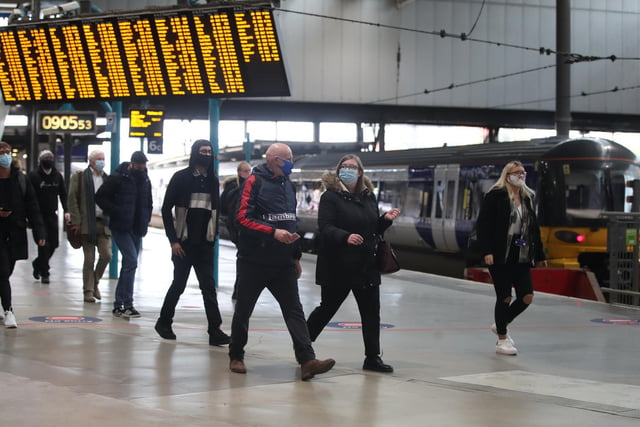 Commuters wore masks inside Leeds Station on their travel to work