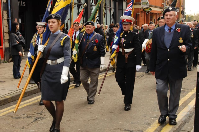 Remembrance Day parade, walking up King Street to Wigan war memorial in 2010