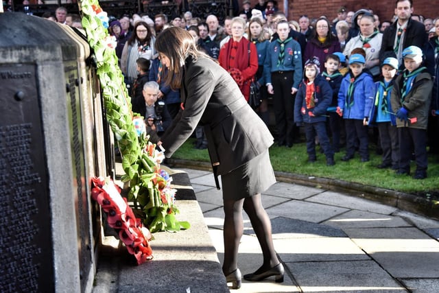 Wigan MP Lisa Nandy lays a wreath at Wigan war memorial, 2019 Wigan Remembrance Day Parade and Ceremony.