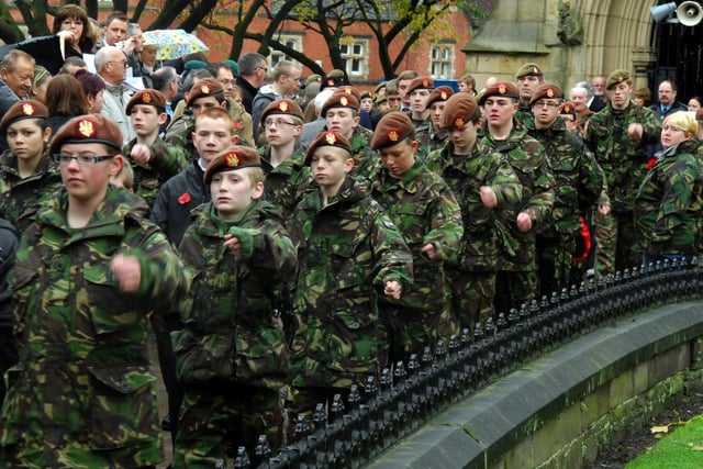 Cadets take part in the Remembrance Day parade at Wigan War Memorial in 2009.