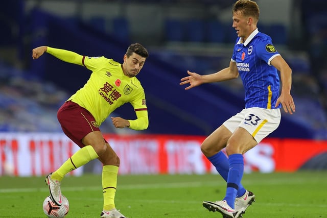 Brighton's English defender Dan Burn (R) closes in on Burnley's English defender Matthew Lowton (L) during the English Premier League football match between Brighton and Hove Albion and Burnley at the American Express Community Stadium in Brighton, southern England on November 6, 2020.