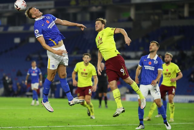 Dan Burn of Brighton and Hove Albion attempts to header during the Premier League match between Brighton & Hove Albion and Burnley at American Express Community Stadium on November 06, 2020 in Brighton, England.