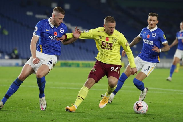 Matej Vydra of Burnley is challenged by Adam Webster of Brighton and Hove Albion during the Premier League match between Brighton & Hove Albion and Burnley at American Express Community Stadium on November 06, 2020 in Brighton, England.
