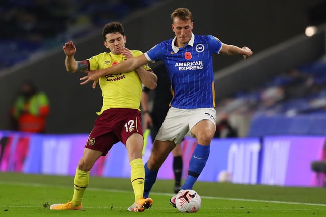 Dan Burn of Brighton and Hove Albion is challenged by Robbie Brady of Burnley during the Premier League match between Brighton & Hove Albion and Burnley at American Express Community Stadium on November 06, 2020 in Brighton, England.