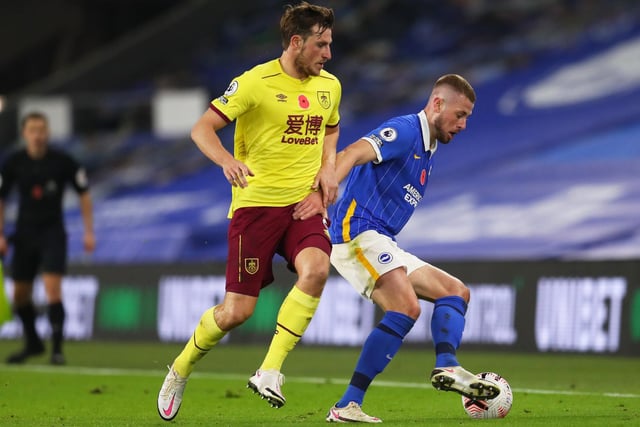 Adam Webster of Brighton and Hove Albion is challenged by Chris Wood of Burnley during the Premier League match between Brighton & Hove Albion and Burnley at American Express Community Stadium on November 06, 2020 in Brighton, England.