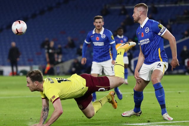 Ashley Barnes of Burnley headers the ball under pressure from Adam Webster of Brighton and Hove Albion during the Premier League match between Brighton & Hove Albion and Burnley at American Express Community Stadium on November 06, 2020 in Brighton, England.