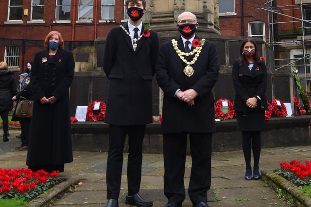from left, Makerfield MP Yvonne Fovargue, Mayor's consort Oliver Waite, Mayor of Wigan Coun Steve Dawber and Wigan MP Lisa Nandy at Wigan War Memorial.