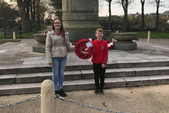 Eva Taylor age 12 and Billy Taylor age 10, were amomng those laying wreaths at Fleetwood Cenotaph on Remembrance Day