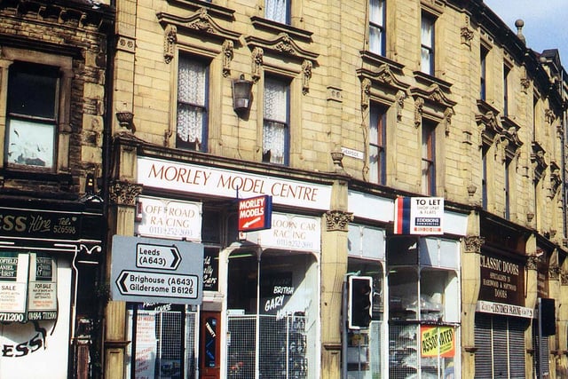 Cheapside in Morley Bottoms, showing shops including Morley Model Centre and Classic Doors.