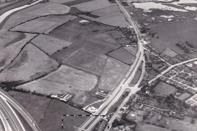 The approach road to the M1 at Durkar in DFecember 1969. The River Calder crosses the top of the photos from the left.