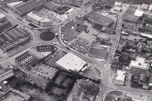 May 1973 and this photo shows Market Street coming in from the right to join George Street, running up the centre of the photograph with the Denby Dale Road and Ings Road crossing at the roundabout.