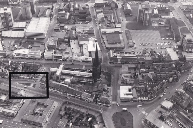 Westgate runs across the centre on the south side of the Cathedral with Westmorland Street coming in from the left as far as the Bull Ring. Pictured in August 1973.