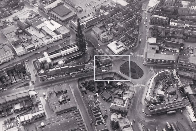 Radiating from the Bull Ring in the centre of Wakefield are Westmoreland Street (left), Marygate ((top right), Northgate (top left and continuing right) and Union Street (bottom) in September 1973.