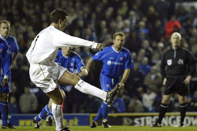 Ian Harte scores from the penalty spot against Ipswich Town at Elland Road in March 2002. The Whites won 2-0.