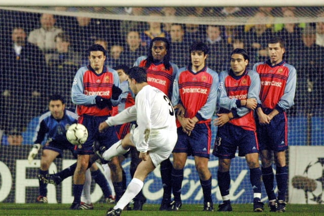 Ian Harte hits a free kick to score the opening goal against Deportivo La Coruna at Elland Road in Champions League quarter-final first leg in April 2001.