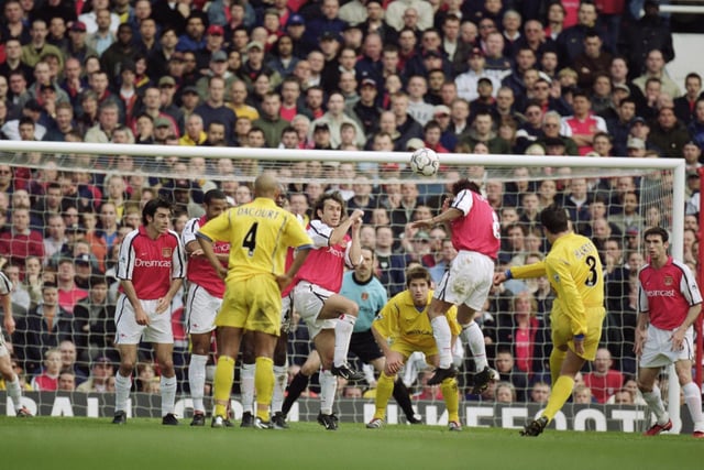 Ian Harte scores from a free kick during the FA Carling Premiership against Arsenal at Highbury in May 2001. The Gunners won 2-1