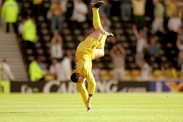 Ian Harte celebrates in his own style after scoring against Derby County at Pride Park in September 2000. The game finished 1-1.