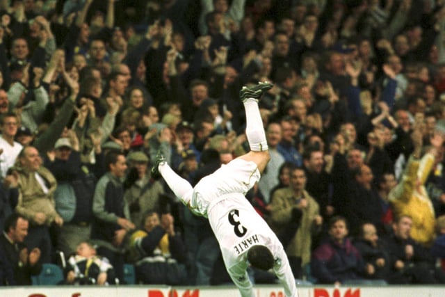 Ian Harte celebrates scoring against Tottenham Hotspur in the FA Barclaycard Premiership clash at Elland Road in November 2001. The Whites won 2-1.