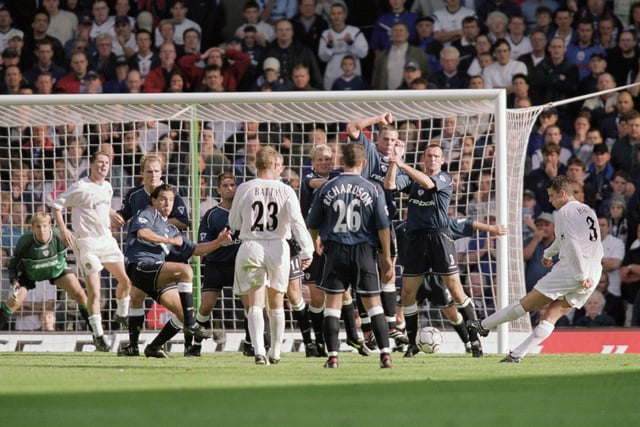 Ian Harte fires in a free kick against Bolton Wanderers at Elland Road in September 2001. The game ended goalless.