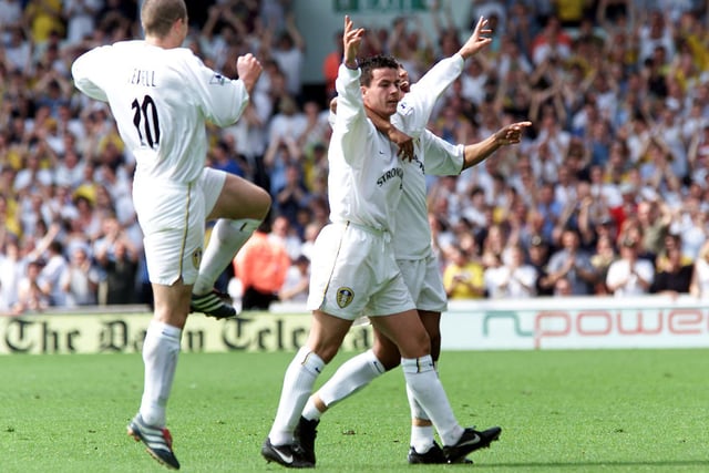 Ian Harte celebrates scoring against Bradford City at Elland Road in May 2001. The Whites won 6-1.