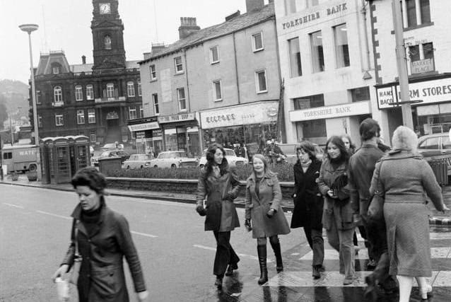 Dewsbury Market Place and shops in March 1972.