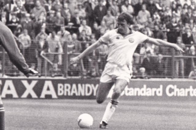 Paul Hart shoots for goal against Leicester City at Elland Road in August 1980. he scored but the the game finished 2-1 to the visitors.