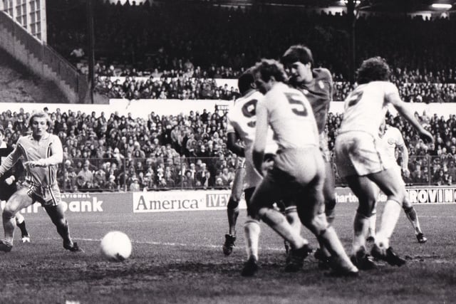 Confusion in the Coventry City penalty area during the FA Cup third round clash with Leeds United at Elland Road in January 1981. The game finished 1-1 with Kevin Hird scoring from the penalty spot for the Whites.