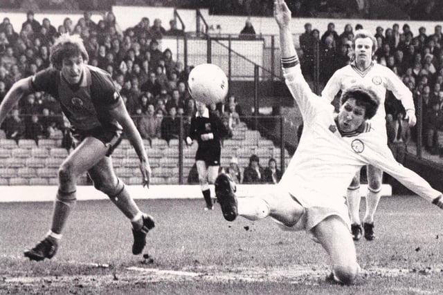 Striker Derek Parlane shoots just wide of the post against Southampton at Elland Road in January 1981. The Whites lost 3-0.
