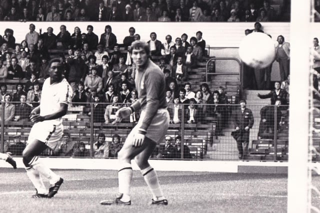 Anxious moments for Tottenham Hotspur goalkeeper Barry Daines as a deflected shot from Terry Connor scrapes past the post. The game finished goalless.