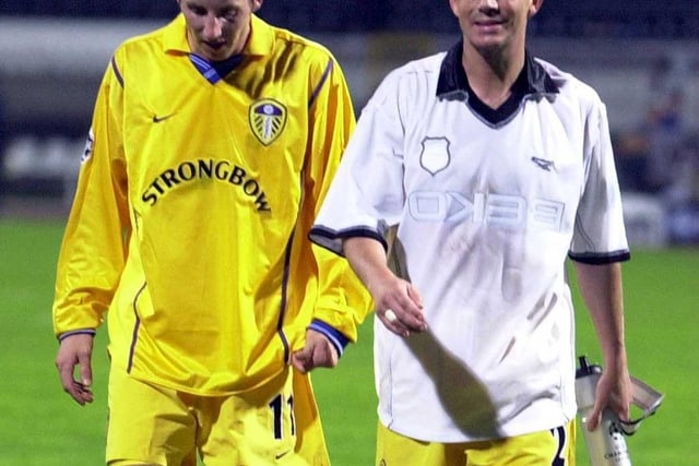 Lee Bowyer and Gary Kelly walk off the pitch at full time against Besiktas in the Inonu Stadium, Istanbul, in October 2000. The game finished goalless.