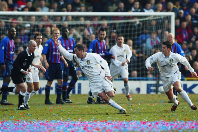 Gary Kelly celebrates scoring the opening goal from a clever free-kick during the FA Cup fifth round match against Crystal Palace at Selhurst Park in February 2003. Leeds won 2-1.