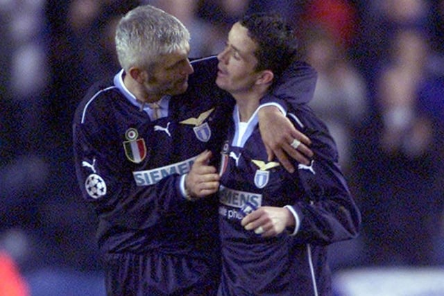 Lazio's Fabrizio Ravanelli in conversation with Gary Kelly at full time of the Champions League Group D match at Elland Road in March 2001.