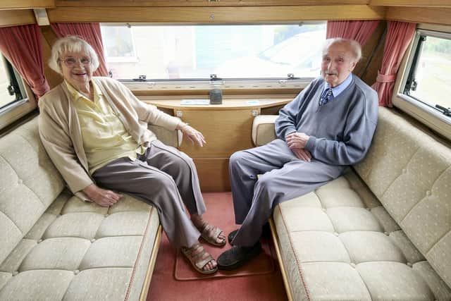 Rita and Jim in their caravan in 2018. Picture: Scott Merrylees.