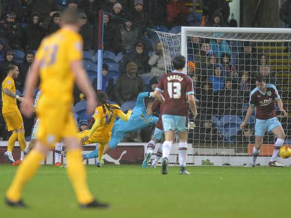 Daniel Johnson scores Preston's second goal against Burnley at Turf Moor in December 2015