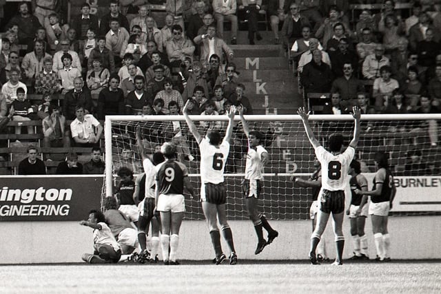 PNE celebrate finding the net in their 4-1 win over Burnley at Turf Moor in October 1986