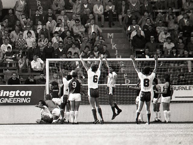 PNE celebrate finding the net in their 4-1 win over Burnley at Turf Moor in October 1986