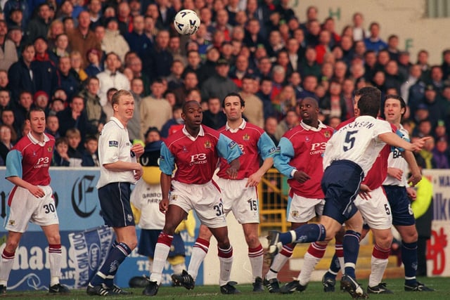 Michael Jackson watches his header fly into the net as he gives PNE an early lead in the 3-0 win over Burnley at Turf Moor in March 2000