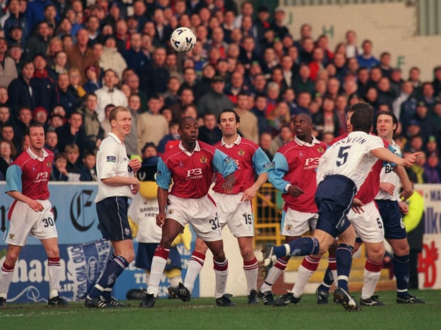 Michael Jackson watches his header fly into the net as he gives PNE an early lead in the 3-0 win over Burnley at Turf Moor in March 2000